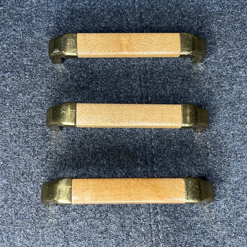 3 Vintage Brass and Light Wood Drawer Pull